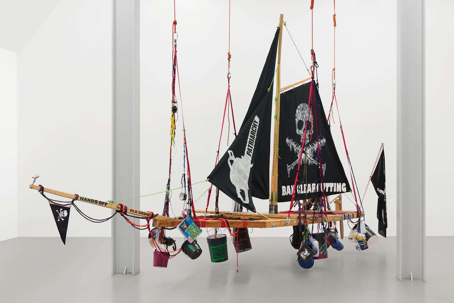 Andrea Bowers, Radical Feminist Pirate Ship Tree Sitting platform, 2013. Recycled wood, rope, carabiners, misc. equipment and supplies. 80 × 294 × 60 in. Collection of Gaby and Wilhelm Schürmann Collection, Herzogenrath, Germany.