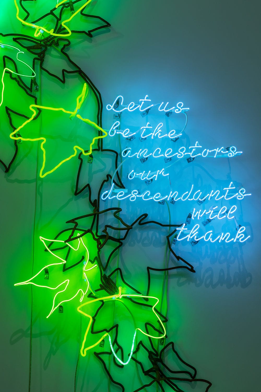 Andrea Bowers, Ecofeminist Sycamore Branches: If We Don’t Do the Impossible, We Shall Be Faced With the Unthinkable, 2020. Steel, neon tubing, recycled transformers. 118 × 92 in. Courtesy of the Artist and the Glenstone Museum, Potomac, Maryland.